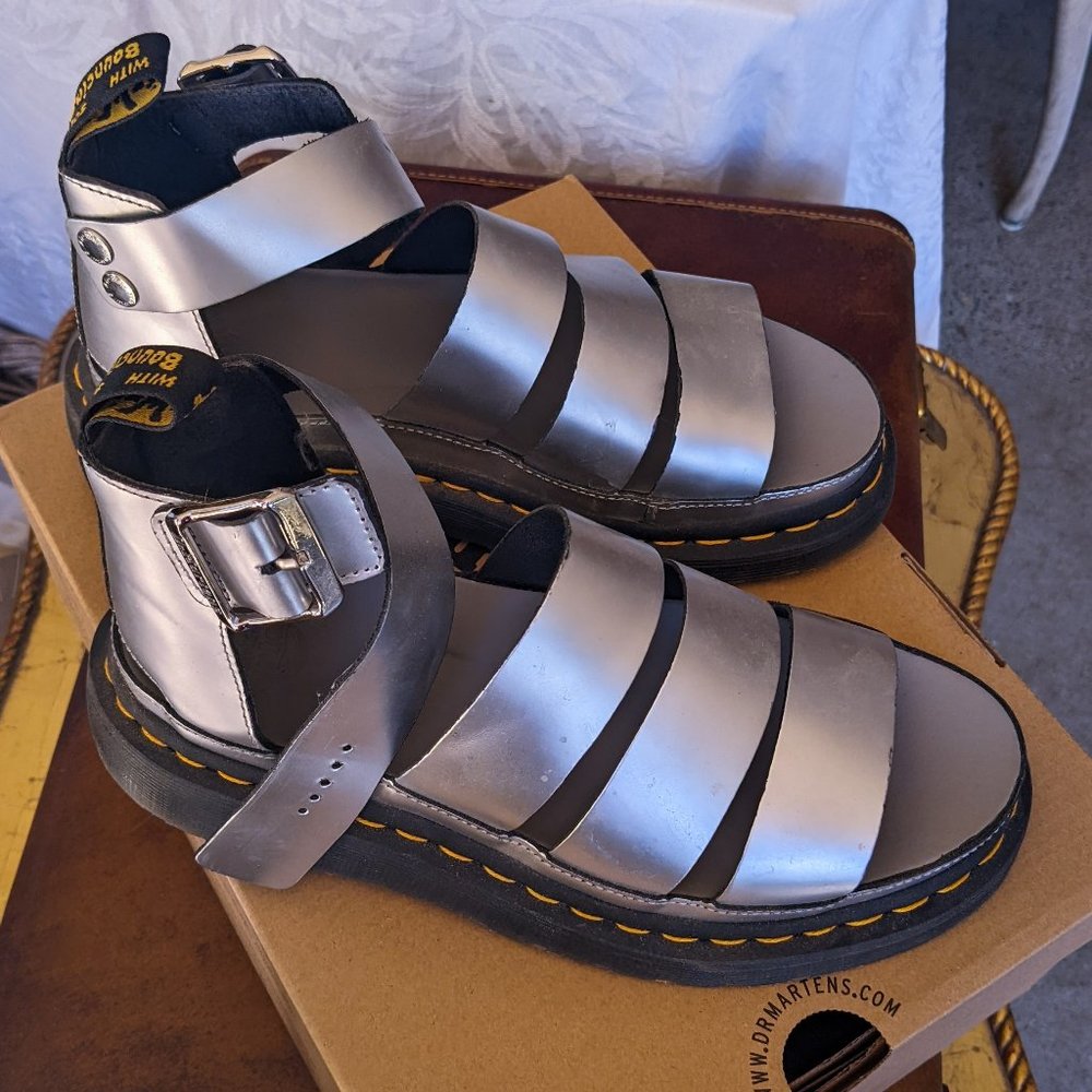 Dr. Martens Silver Leather Clarissa II Metallic Calf Platform Sandals, US 8